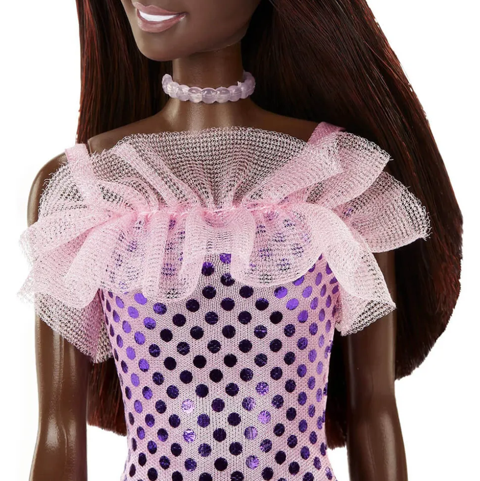 Barbie Mini Glitz Doll Dress Dark Brown Hair With Purple Metallic Dres