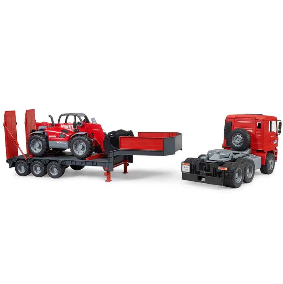 Bruder Pro Series MAN TGA truck with low loader trailer and Manitou te