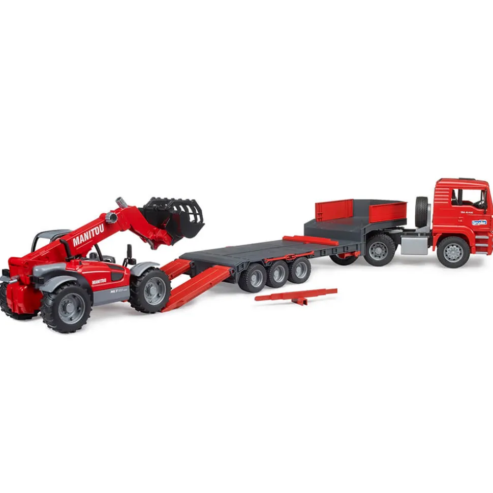 Bruder Pro Series MAN TGA truck with low loader trailer and Manitou te