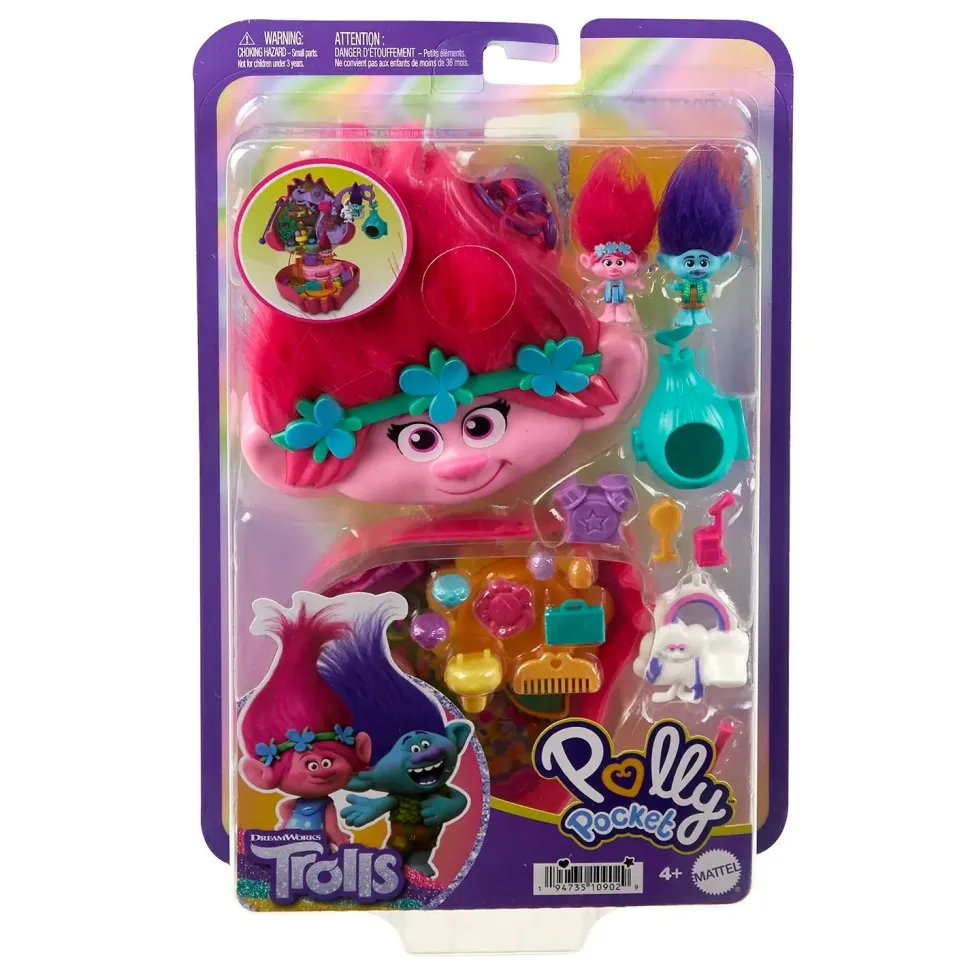 Polly Pocket&Dreamworks Trolls Compact Playset With Poppy&Branch Dolls&13 Accessories