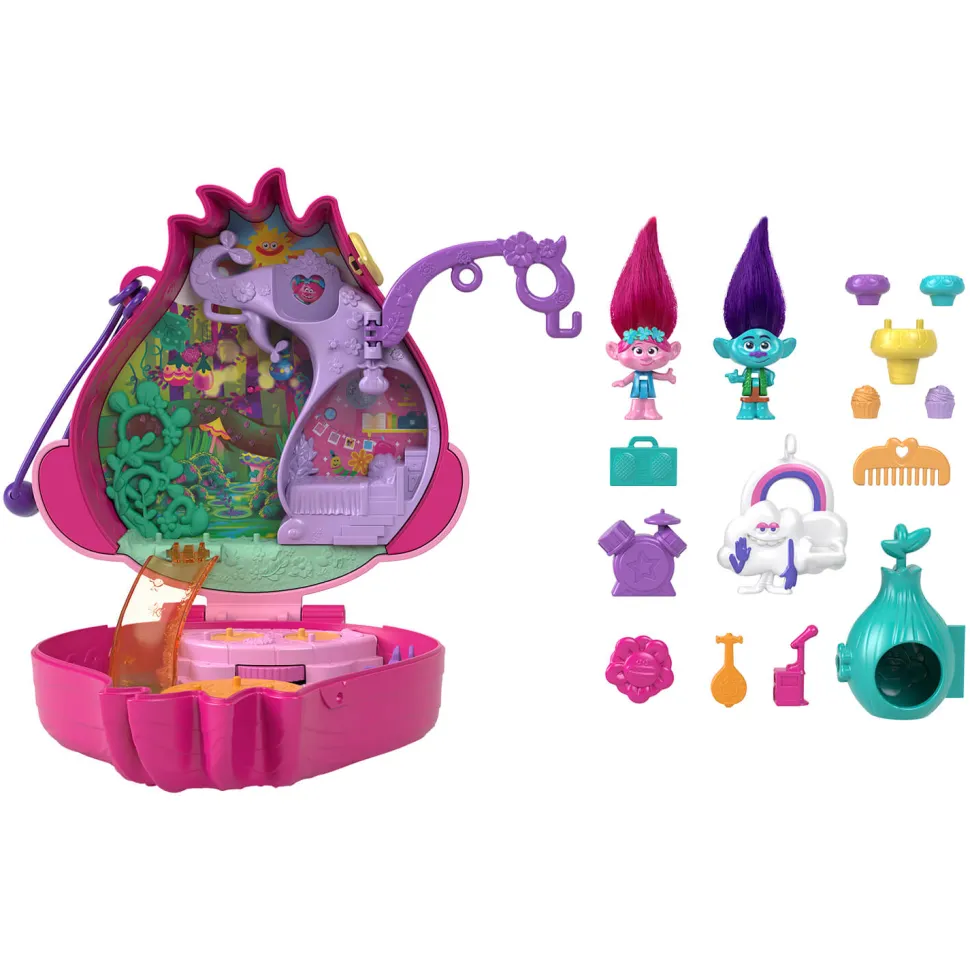 Polly Pocket&Dreamworks Trolls Compact Playset With Poppy&Branch Dolls&13 Accessories